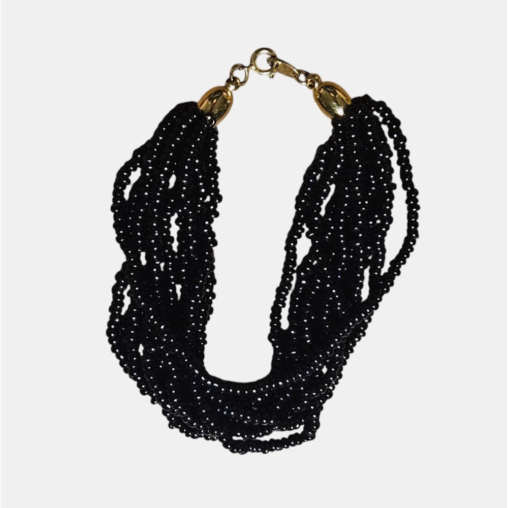 Trifari Black Glass Seed Multi Strand Beaded Bracelet Gold Tone Signed Glam 90s - Picture 2 of 8